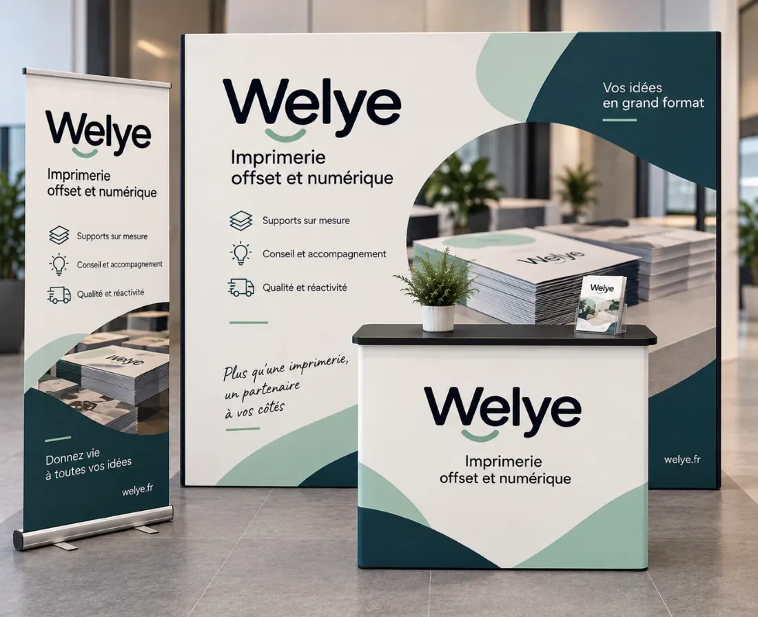 Kit salon Welye : roll-up, mur d'image et comptoir aux couleurs de l'imprimerie